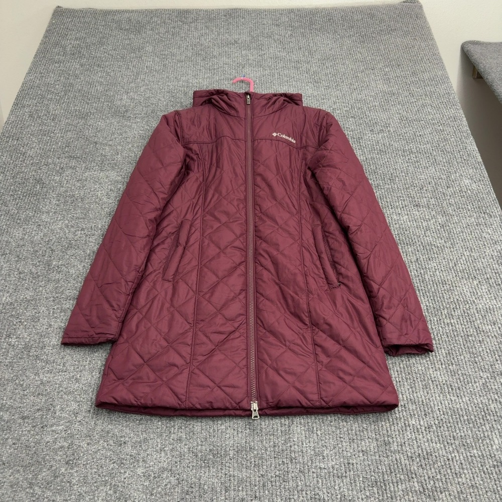 Columbia Jacket Women S Burgundy Polyester Quilted Hooded Puffer Outdoor Casual